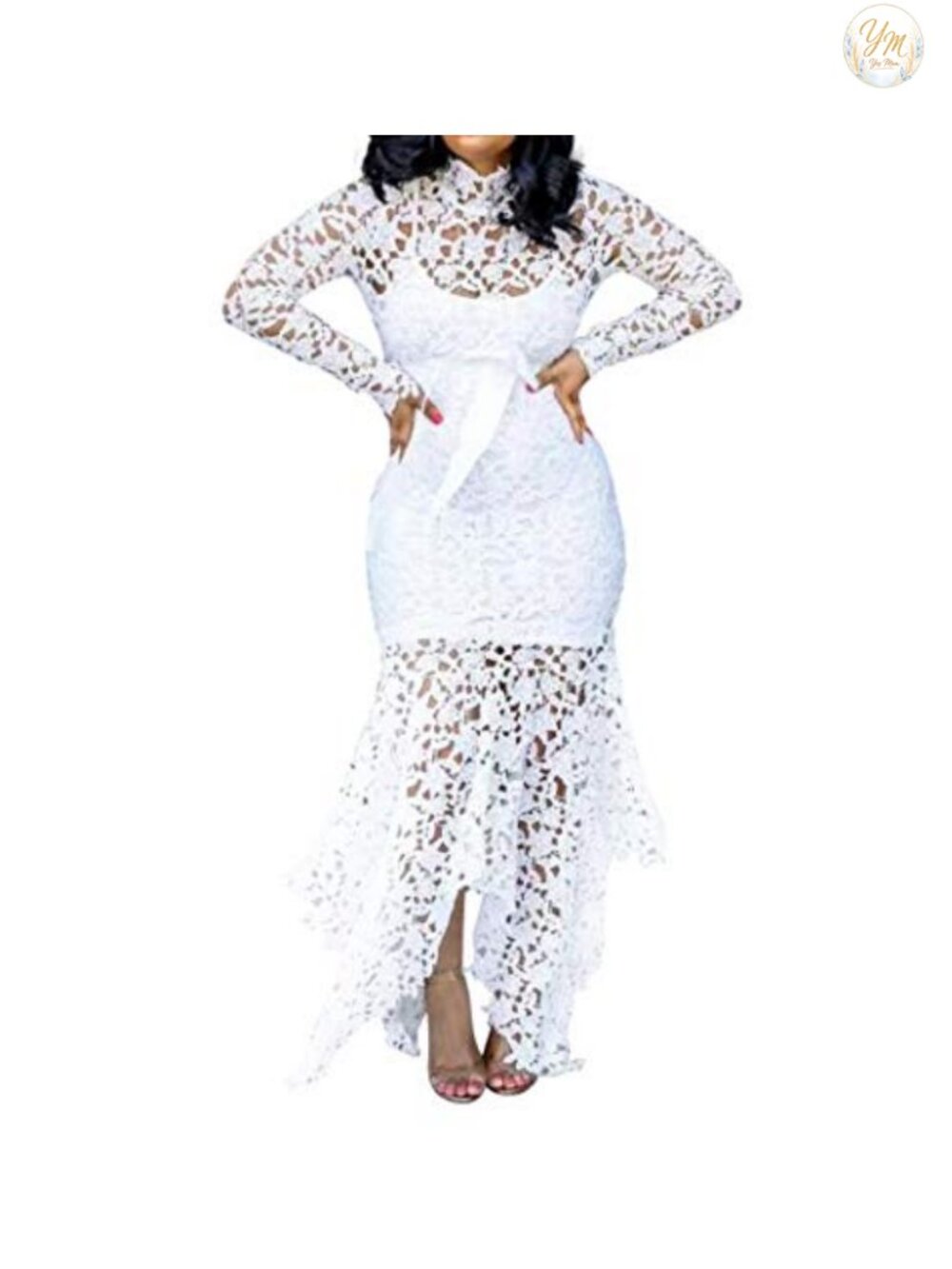 VERWIN Hollow Lace-Up Asymmetrical Maxi Dress Sexy Lace Party Evening